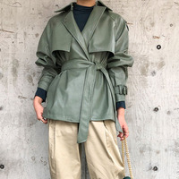 FTLZZ nowa wiosna jesień kobiety Faux PU skórzane casualowe w stylu Streetwear znosić skóra motocyklowa kurtka z paskiem zielona kurtka na rower 3
